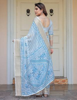 Party wear handloom cotton floral printed saree with blouse fabric 3