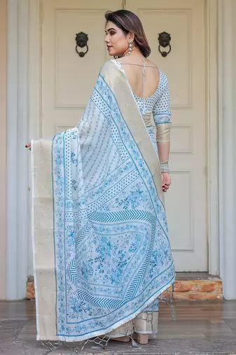 Party wear handloom cotton floral printed saree with blouse fabric