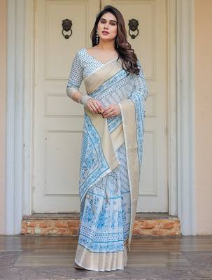 Party wear handloom cotton floral printed saree with blouse fabric 4