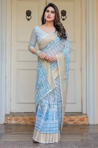 Party wear handloom cotton floral printed saree with blouse fabric