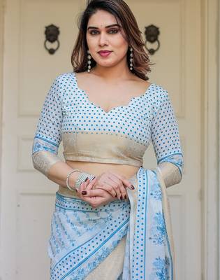 Party wear handloom cotton floral printed saree with blouse fabric 5