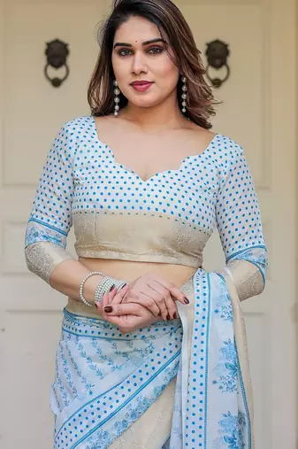 Party wear handloom cotton floral printed saree with blouse fabric