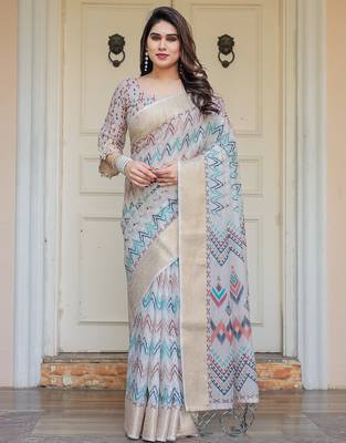 Women's ethnic handloom cotton floral printed saree with blouse 1