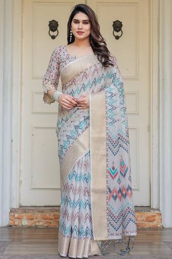 Women's ethnic handloom cotton floral printed saree with blouse