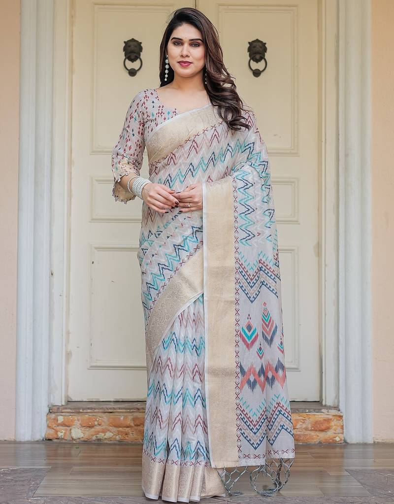 Women's ethnic handloom cotton floral printed saree with blouse