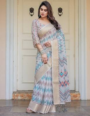 Women's ethnic handloom cotton floral printed saree with blouse 2