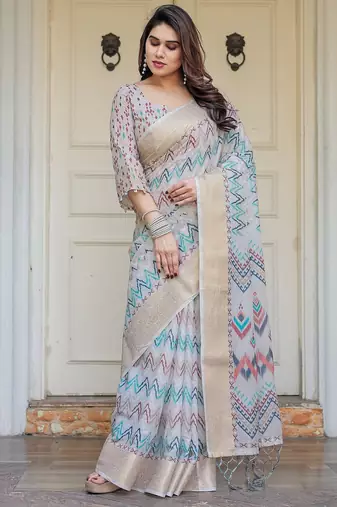 Women's ethnic handloom cotton floral printed saree with blouse