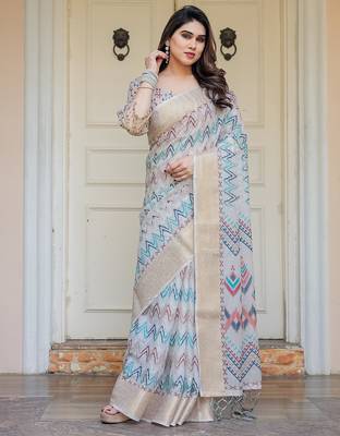 Women's ethnic handloom cotton floral printed saree with blouse 3