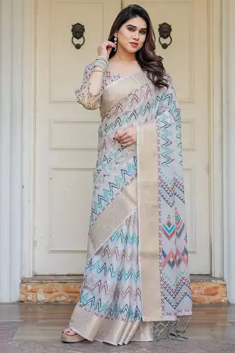 Women's ethnic handloom cotton floral printed saree with blouse