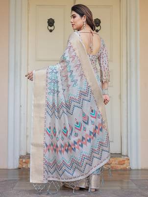 Women's ethnic handloom cotton floral printed saree with blouse 4