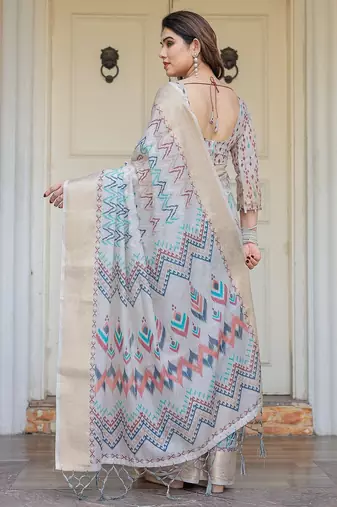 Women's ethnic handloom cotton floral printed saree with blouse