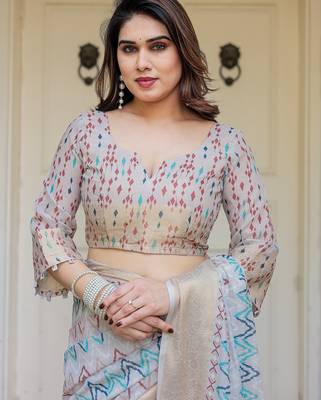Women's ethnic handloom cotton floral printed saree with blouse 5
