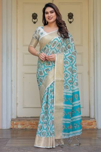 Traditional floral printed handloom cotton saree with attached blouse