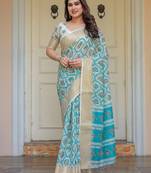 Traditional floral printed handloom cotton saree with attached blouse