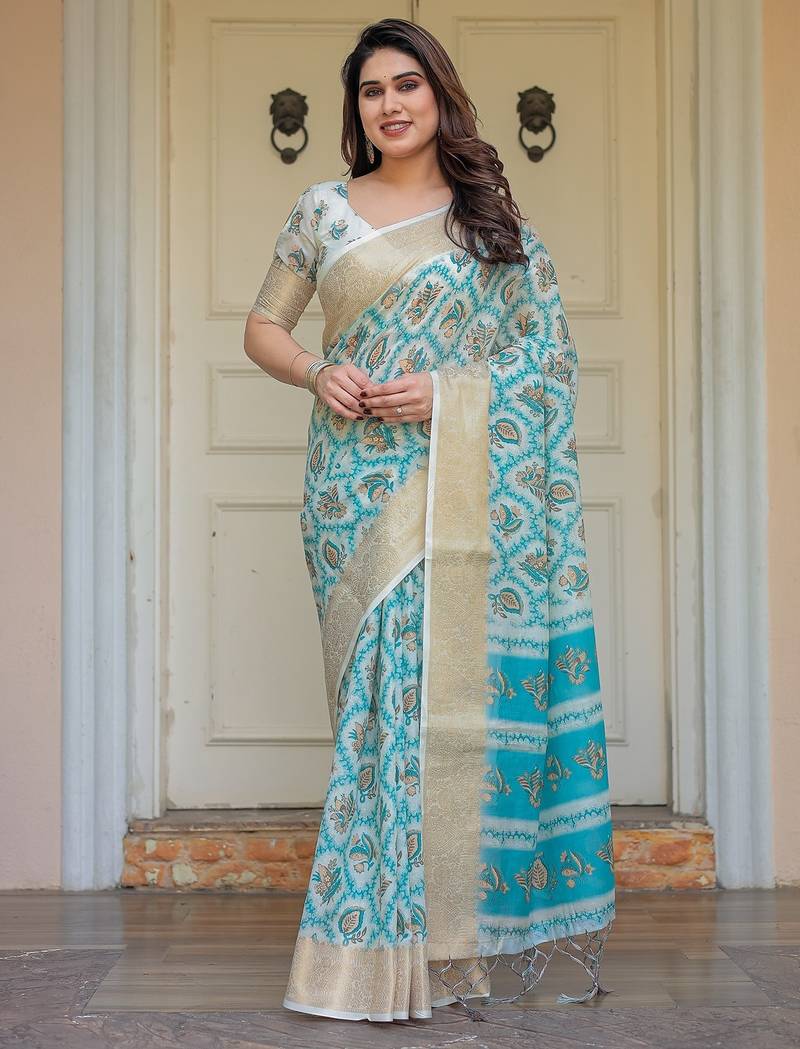 Traditional floral printed handloom cotton saree with attached blouse