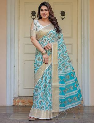 Traditional floral printed handloom cotton saree with attached blouse 2