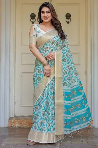 Traditional floral printed handloom cotton saree with attached blouse