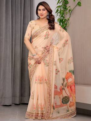 Multicolor border printed organza saree collection 1