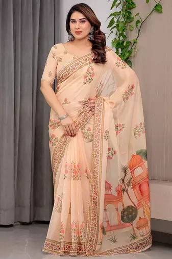 Multicolor border printed organza saree collection