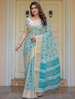 Traditional floral printed handloom cotton saree with attached blouse 3