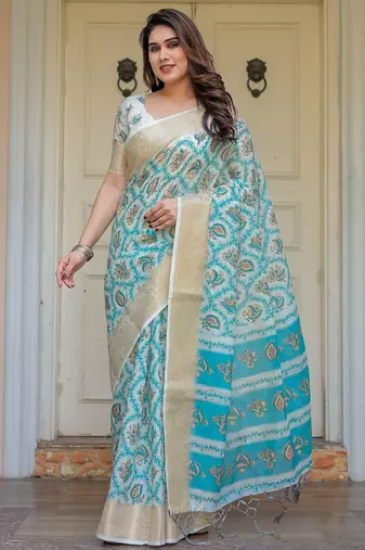 Traditional floral printed handloom cotton saree with attached blouse