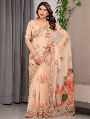 Multicolor border printed organza saree collection 2