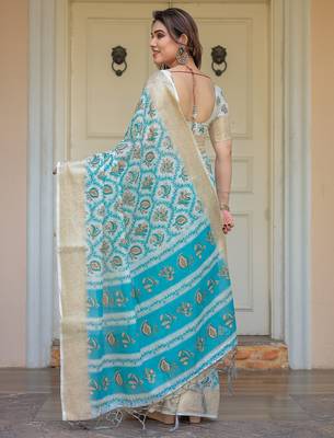 Traditional floral printed handloom cotton saree with attached blouse 4