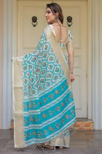 Traditional floral printed handloom cotton saree with attached blouse