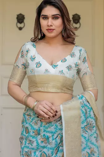 Traditional floral printed handloom cotton saree with attached blouse
