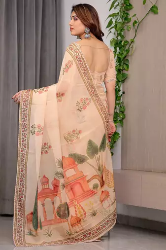 Multicolor border printed organza saree collection