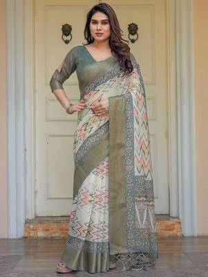 Stylish handloom cotton floral print saree with matching blouse piece 1