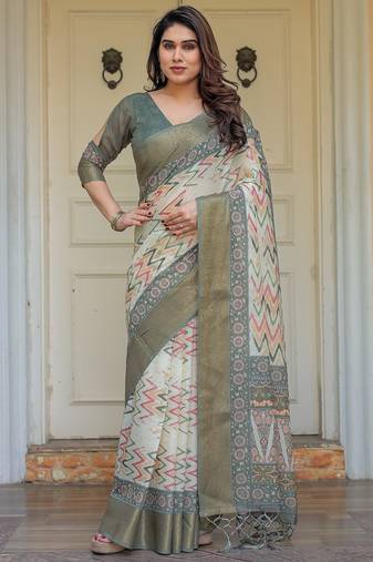 Stylish handloom cotton floral print saree with matching blouse piece