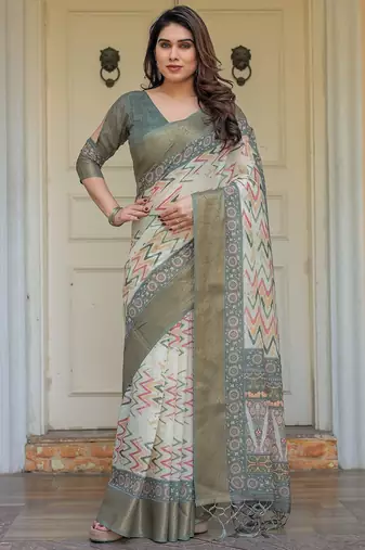 Stylish handloom cotton floral print saree with matching blouse piece