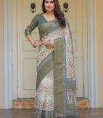 Stylish handloom cotton floral print saree with matching blouse piece