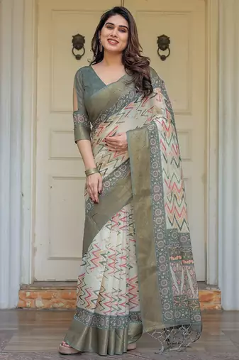 Stylish handloom cotton floral print saree with matching blouse piece