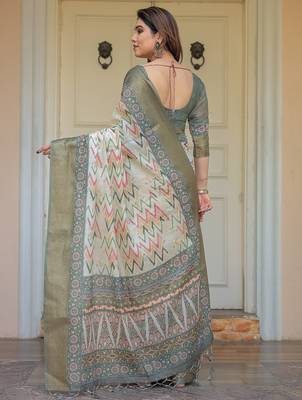 Stylish handloom cotton floral print saree with matching blouse piece 3