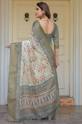 Stylish handloom cotton floral print saree with matching blouse piece