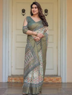 Stylish handloom cotton floral print saree with matching blouse piece 4