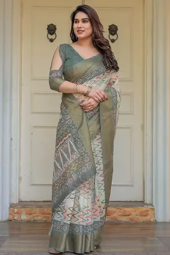 Stylish handloom cotton floral print saree with matching blouse piece