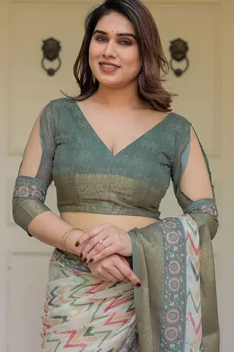 Stylish handloom cotton floral print saree with matching blouse piece