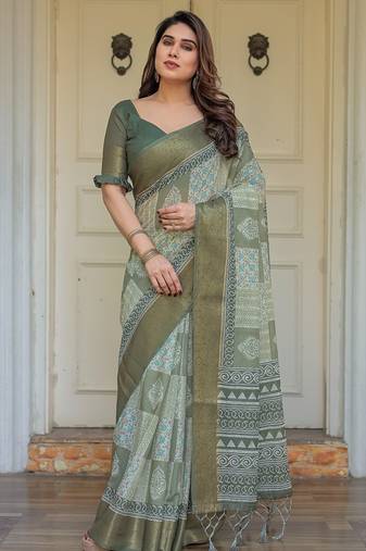 Lightweight handloom cotton floral printed saree for daily wear with blouse