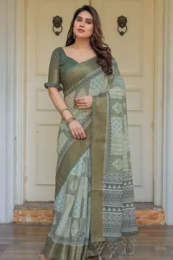 Lightweight handloom cotton floral printed saree for daily wear with blouse