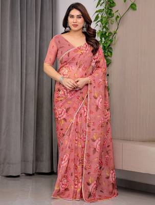 Premium printed organza sarees with multicolor border finish 1