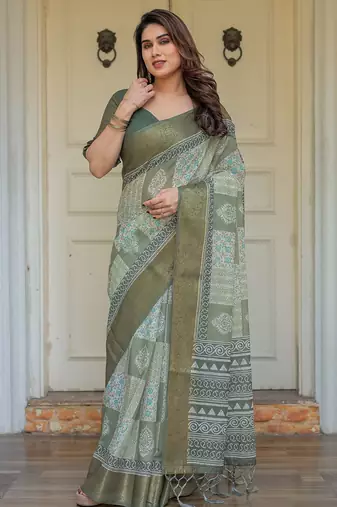 Lightweight handloom cotton floral printed saree for daily wear with blouse