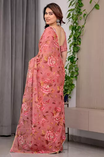 Premium printed organza sarees with multicolor border finish
