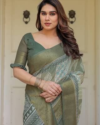 Lightweight handloom cotton floral printed saree for daily wear with blouse 4