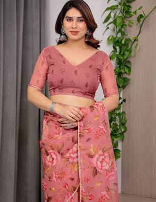 Premium printed organza sarees with multicolor border finish 5