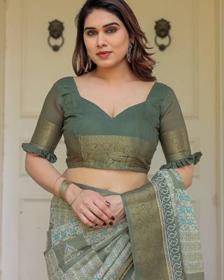 Lightweight handloom cotton floral printed saree for daily wear with blouse 5