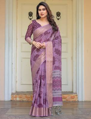 Ethnic handloom cotton printed saree with floral pattern & blouse piece 1