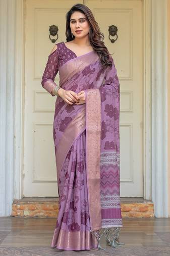 Ethnic handloom cotton printed saree with floral pattern & blouse piece